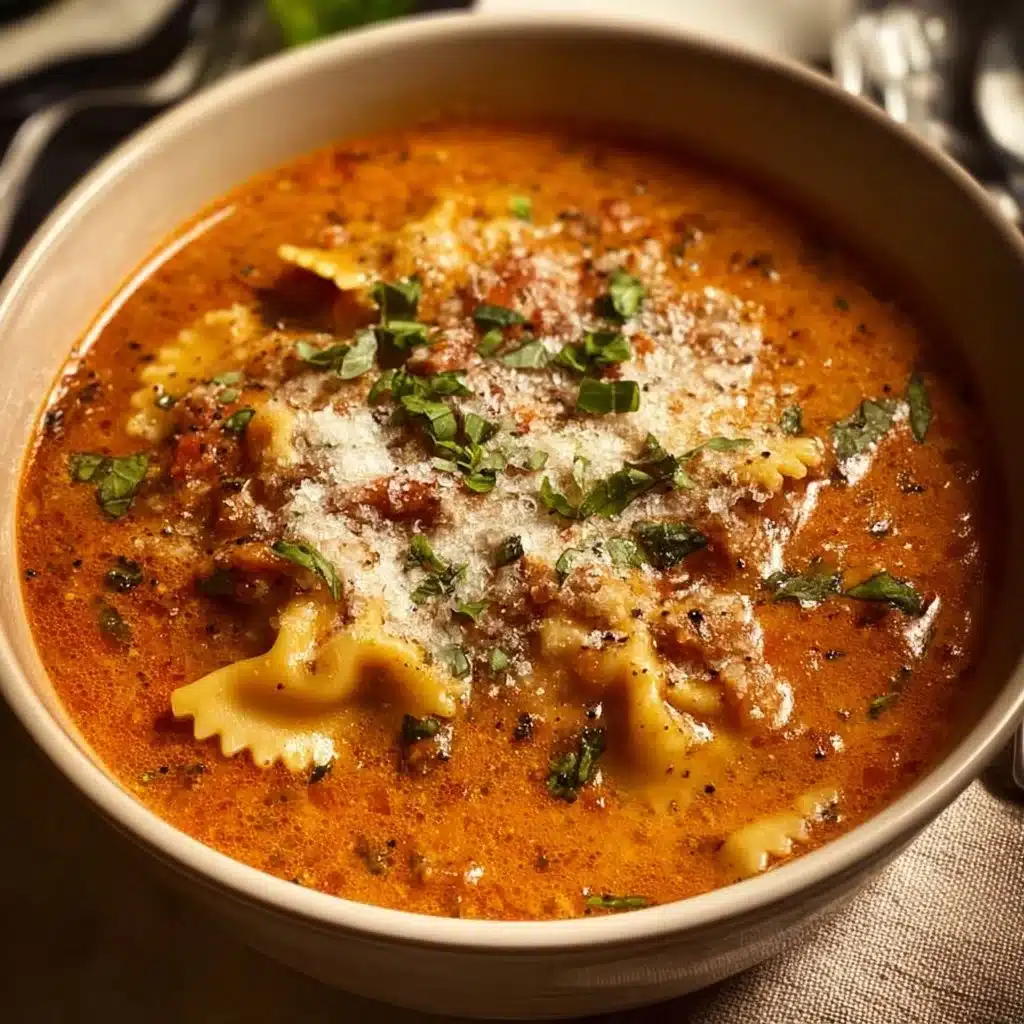 Bowl of easy creamy lasagna soup topped with herbs and cheese