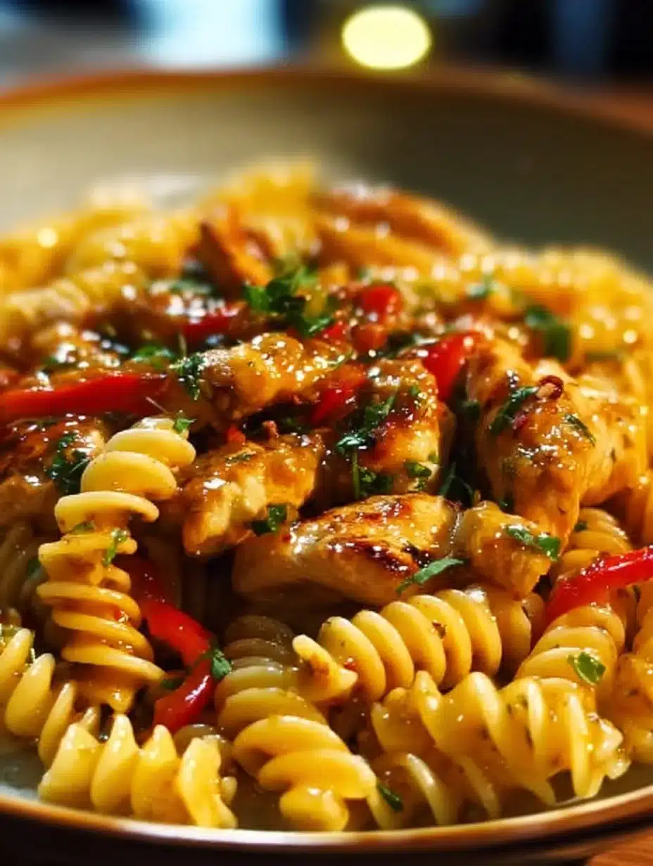 Plate of Easy Honey Pepper Chicken Pasta with colorful ingredients