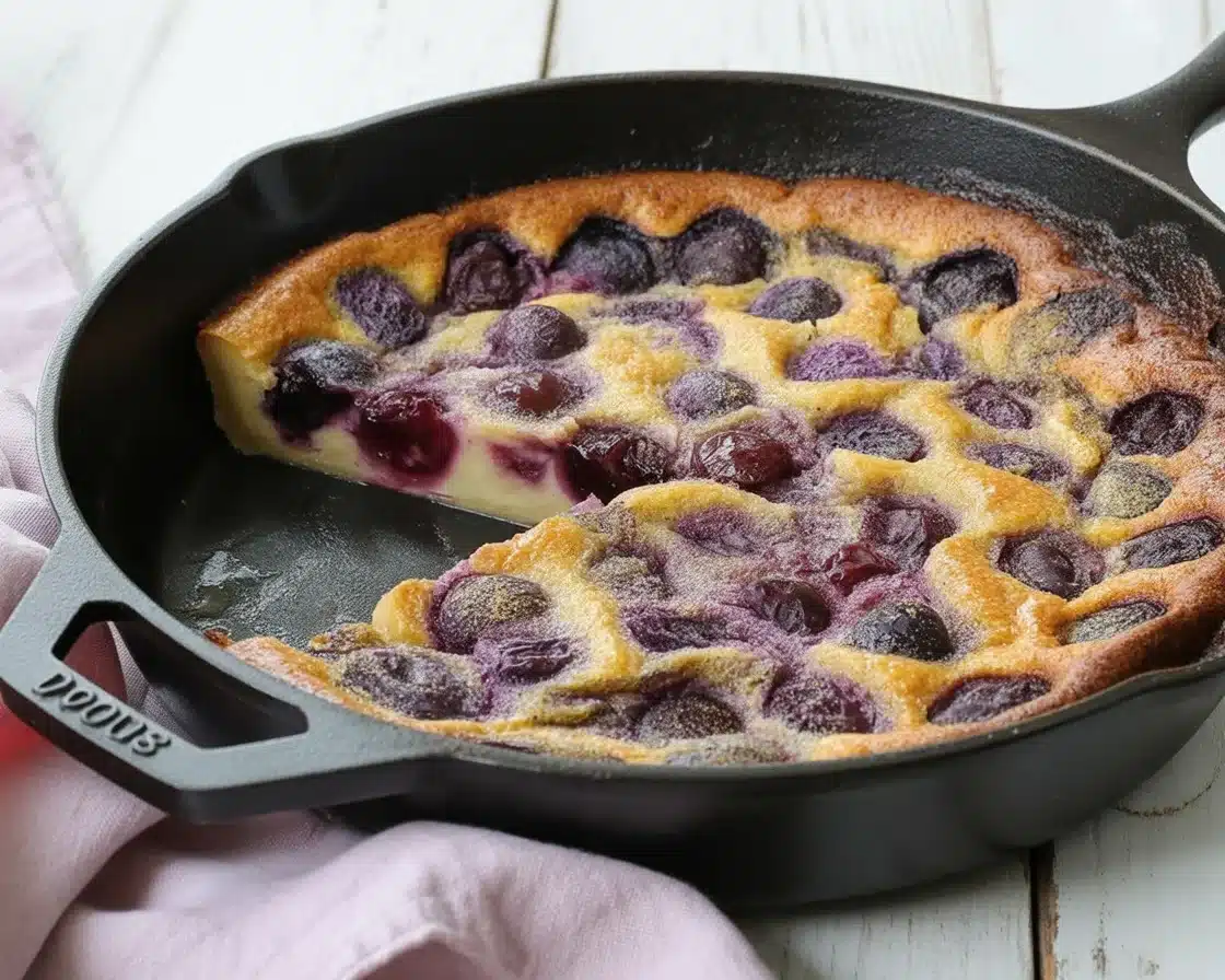 Rustic Cherry Clafoutis garnished with almonds on a rustic wooden table.