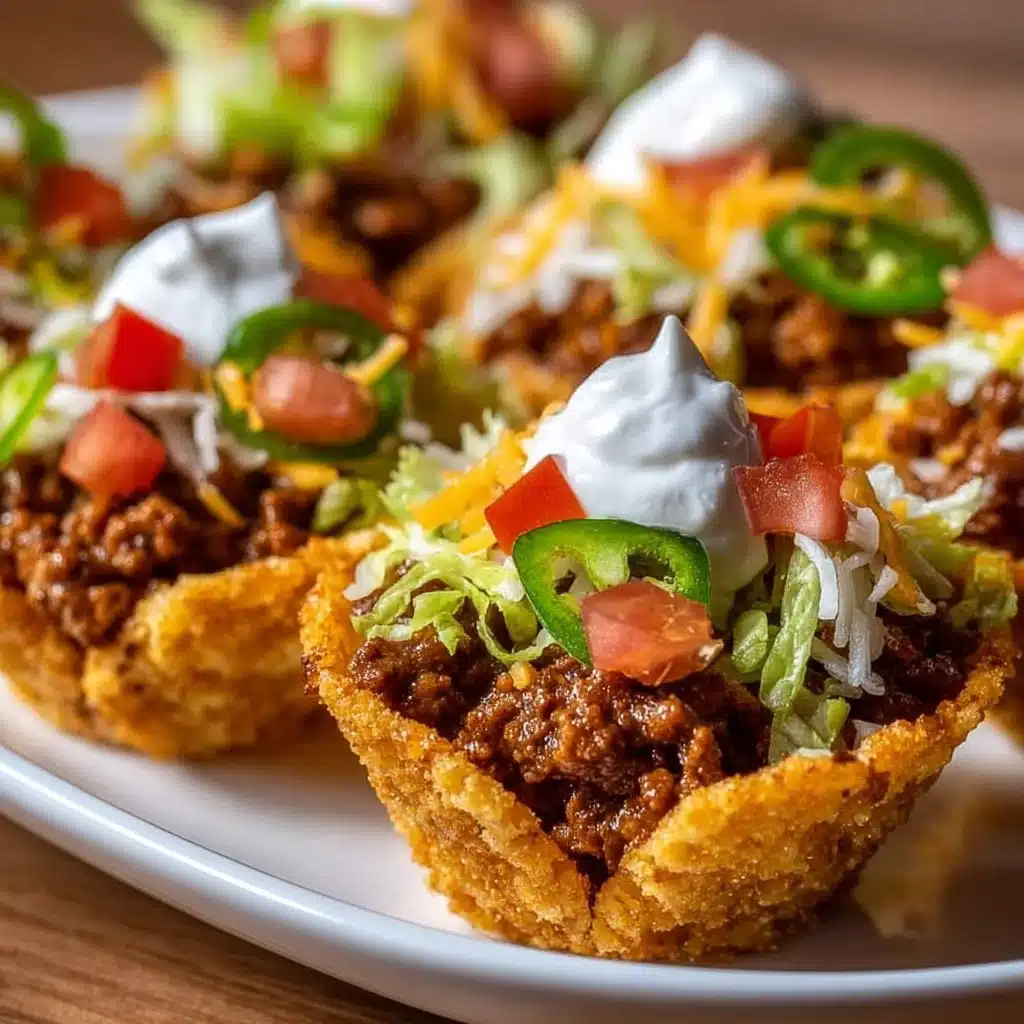 Delicious easy taco cups filled with seasoned meat and toppings.