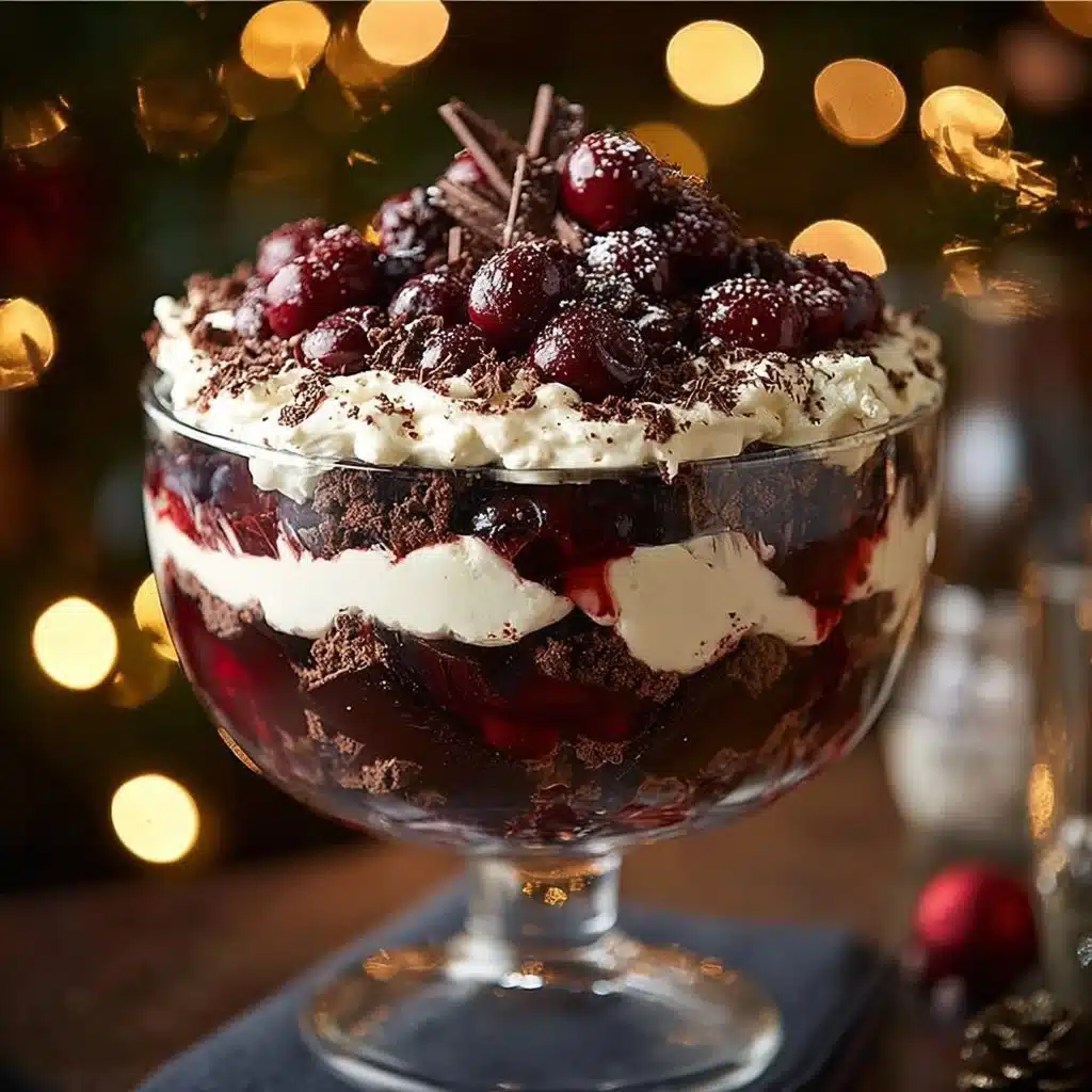 Festive Black Forest Trifle with chocolate layers, cherries, and whipped cream