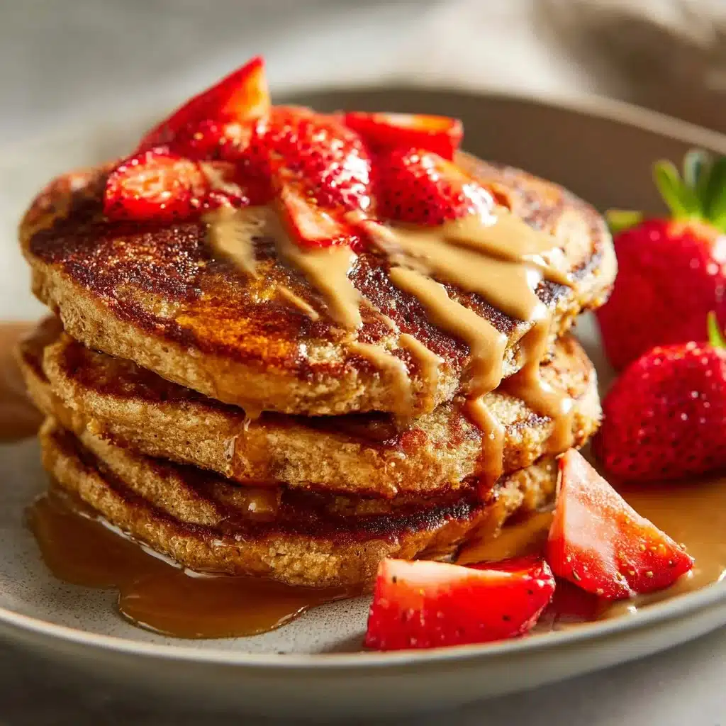 Fluffy almond flour pancakes stacked with fresh berries and syrup