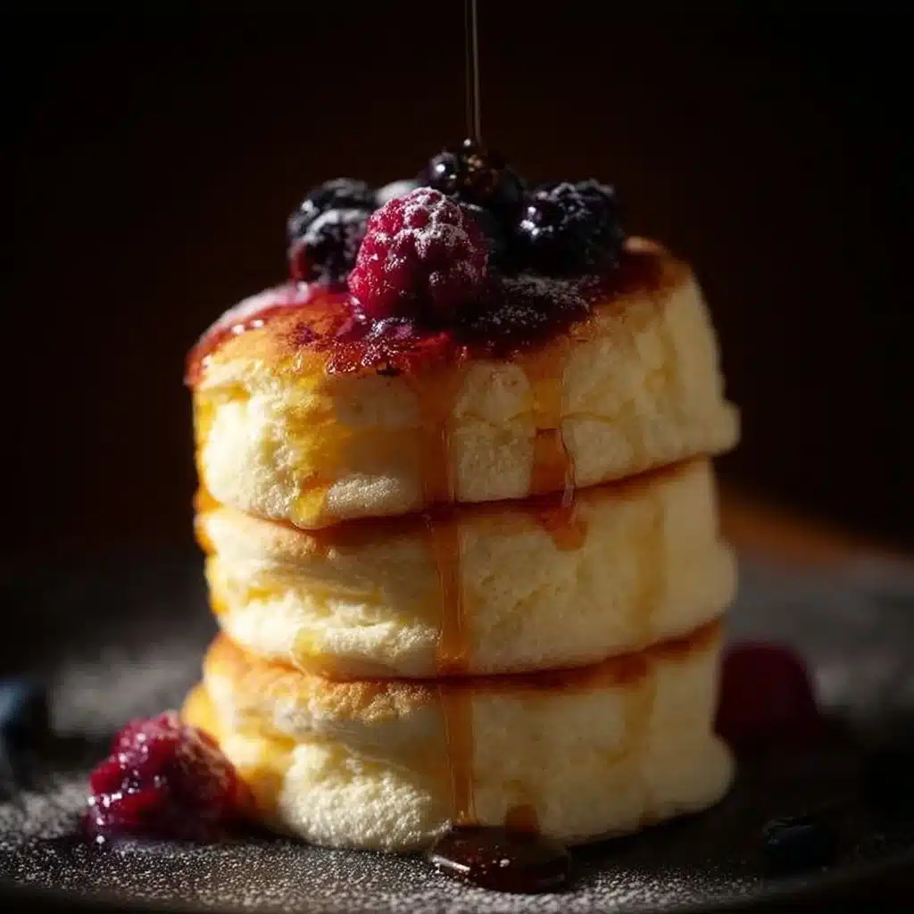 Fluffy Japanese soufflé pancakes stacked on a plate with syrup and berries