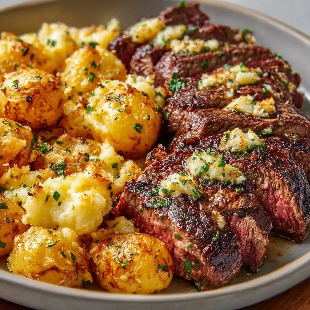 Delicious Garlic Butter Steak served with Cheddar Potato Bake