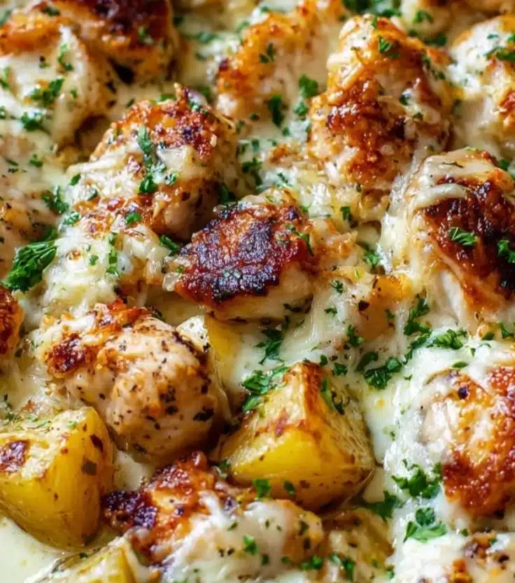 Garlic Parmesan Chicken with crispy potatoes on a plate