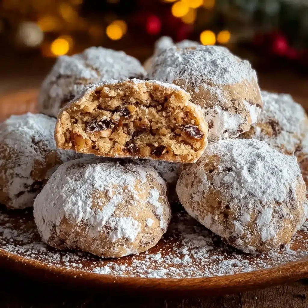 A plate of German Peppernuts cookies decorated with powdered sugar.