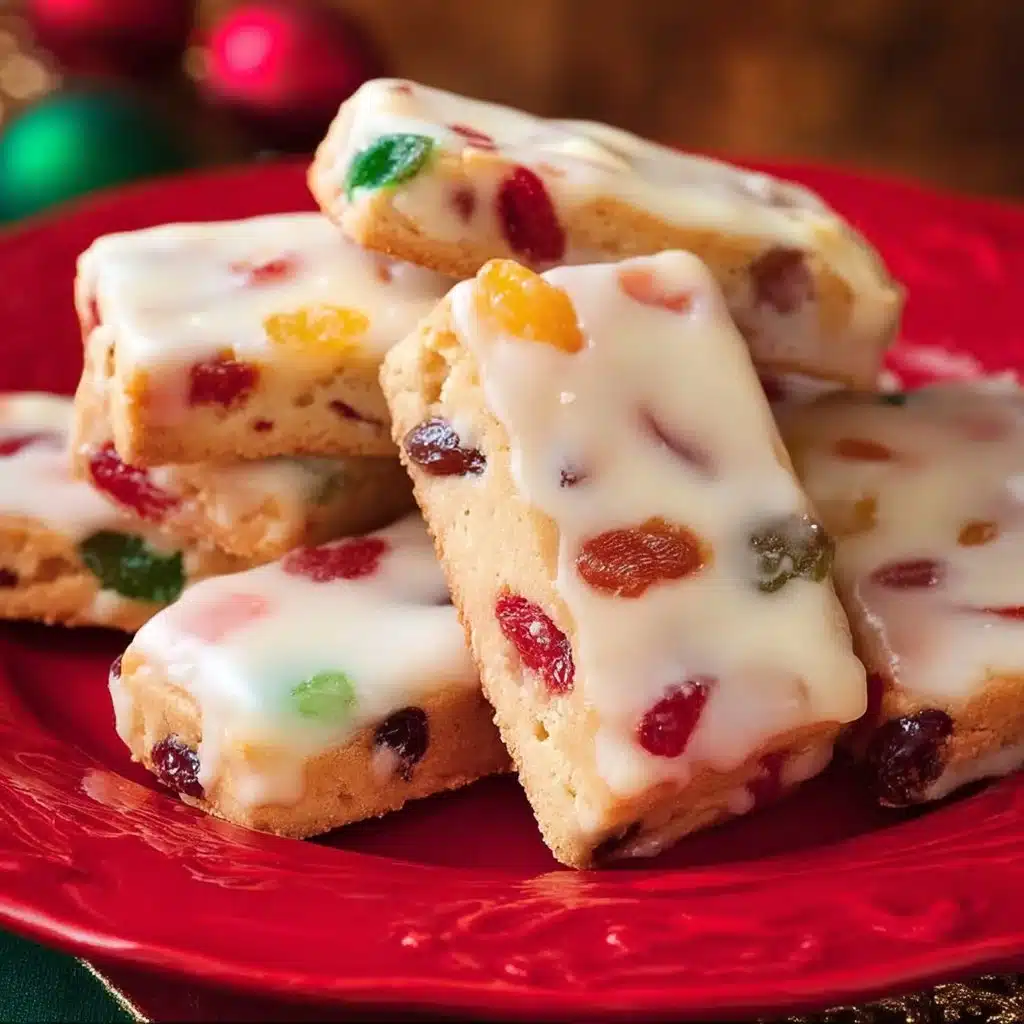 Delicious glazed fruitcake shortbread cookies on a festive table.