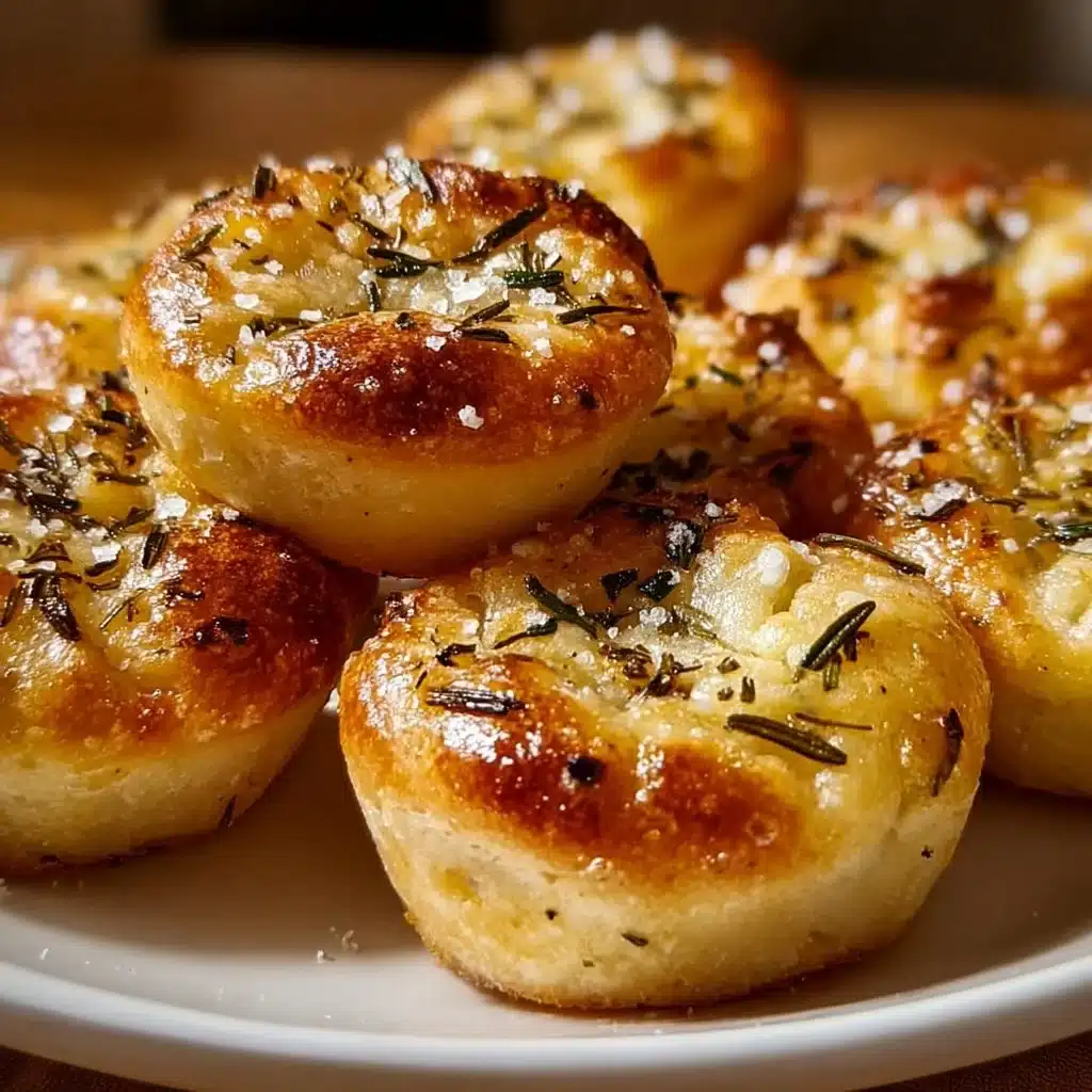 Golden crust garlic rosemary focaccia muffins on a rustic wooden table