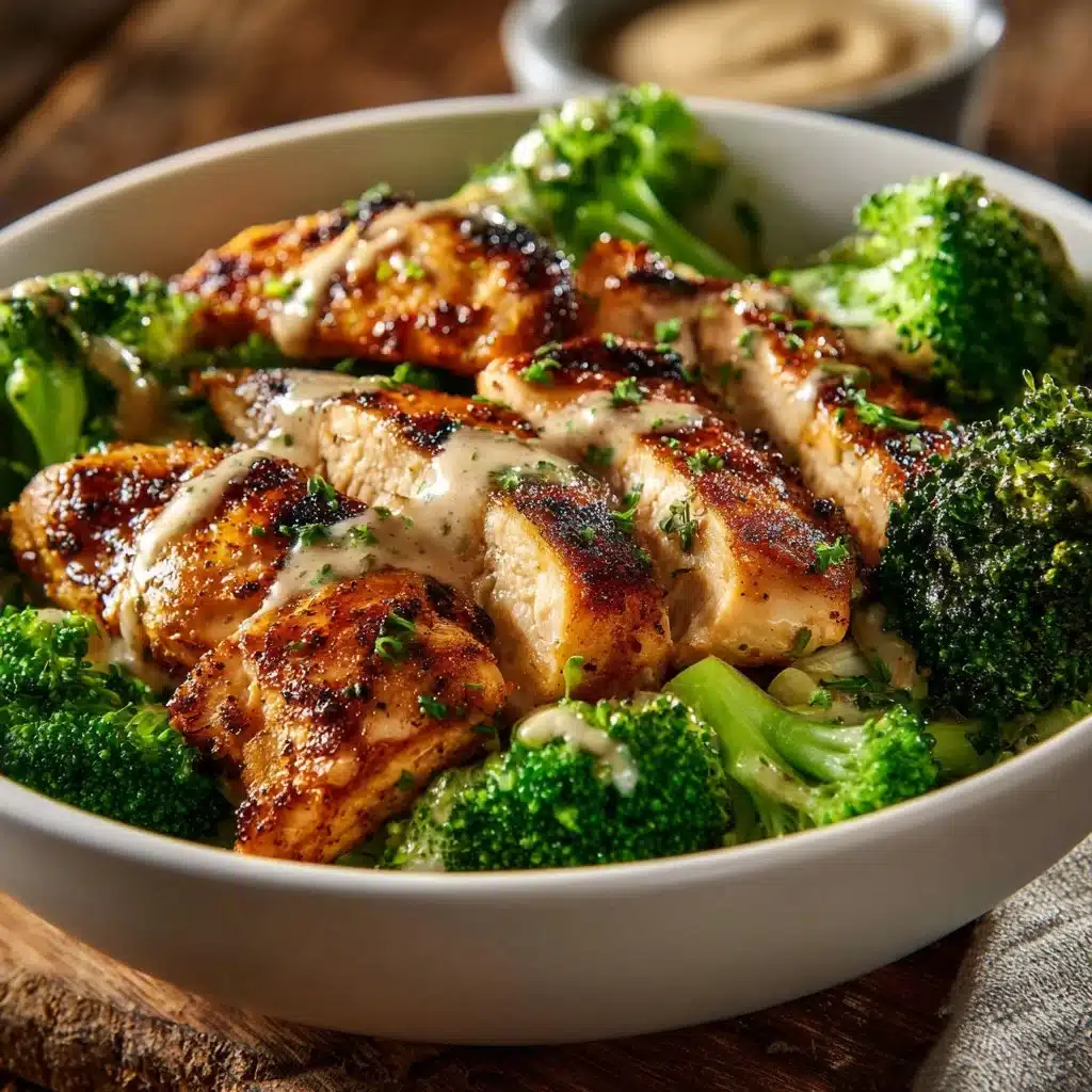 Grilled chicken and broccoli bowl topped with creamy garlic sauce on a plate