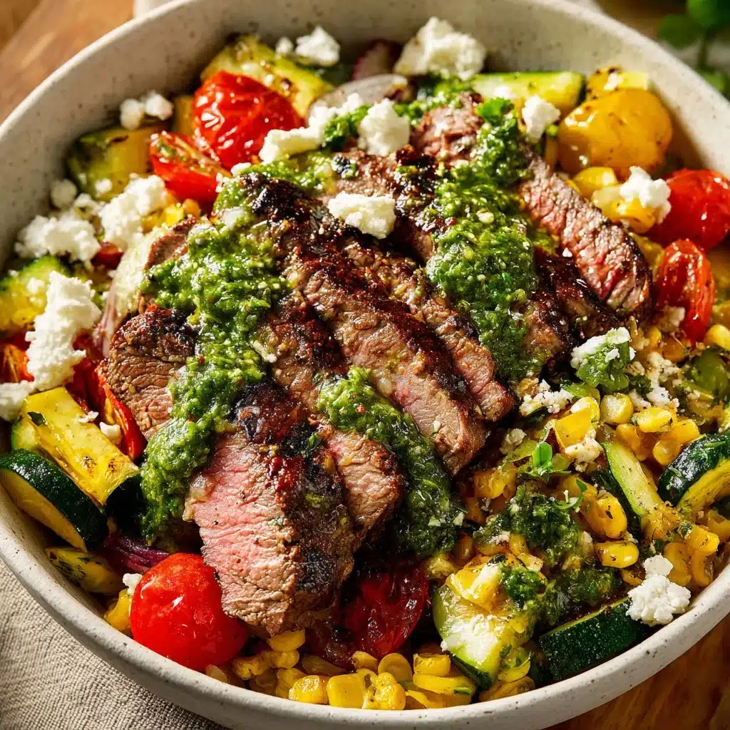 Grilled chimichurri steak bowl garnished with fresh herbs and vegetables