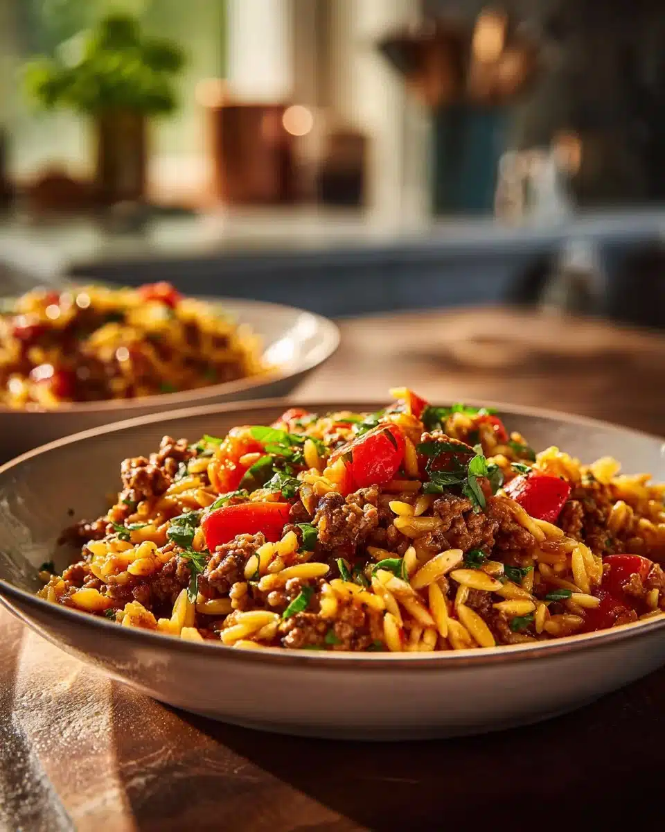 Plate of Ground Beef Orzo with vegetables and herbs on a dining table.