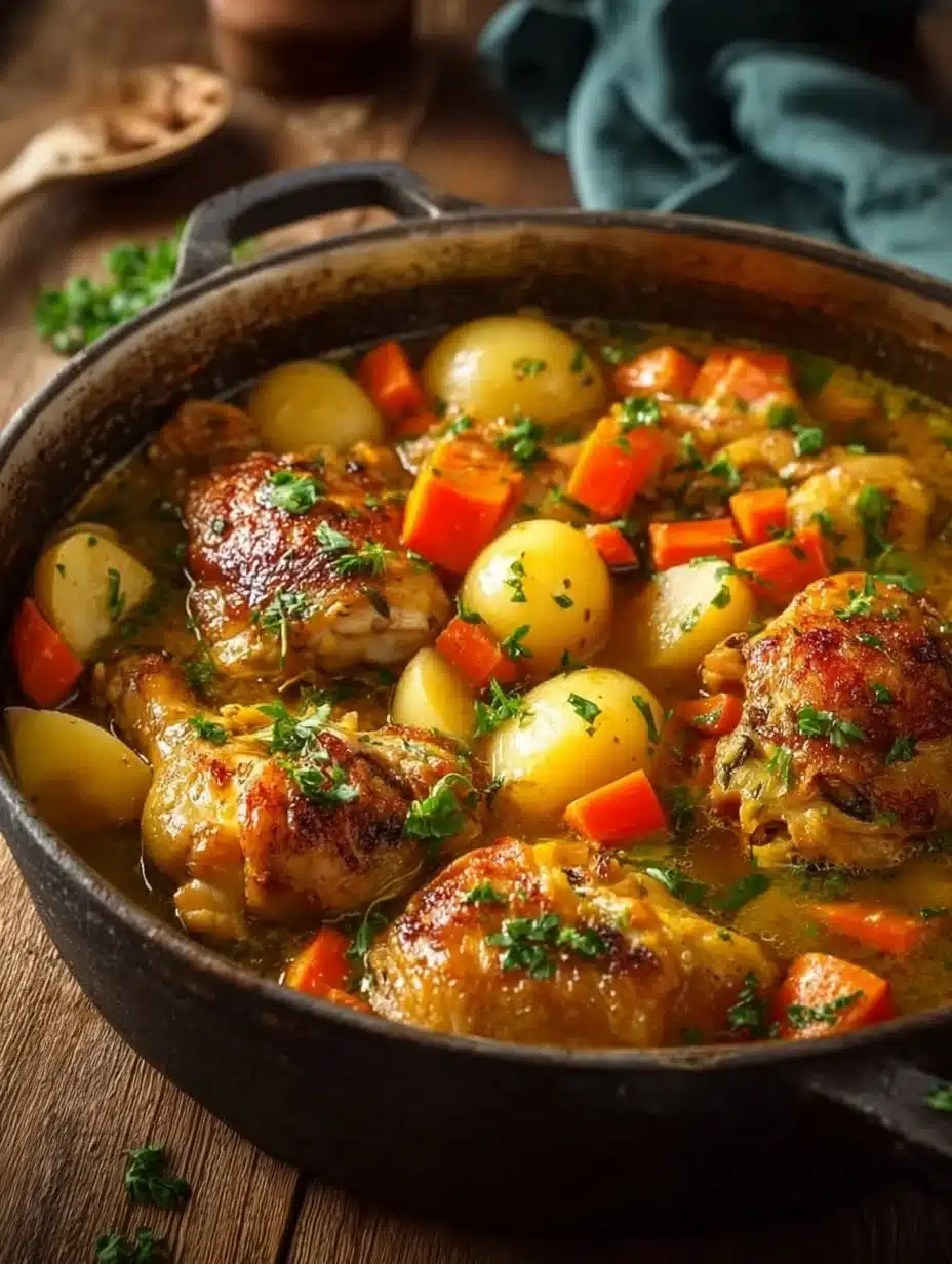 A delicious bowl of hearty one-pot stewed chicken with vegetables
