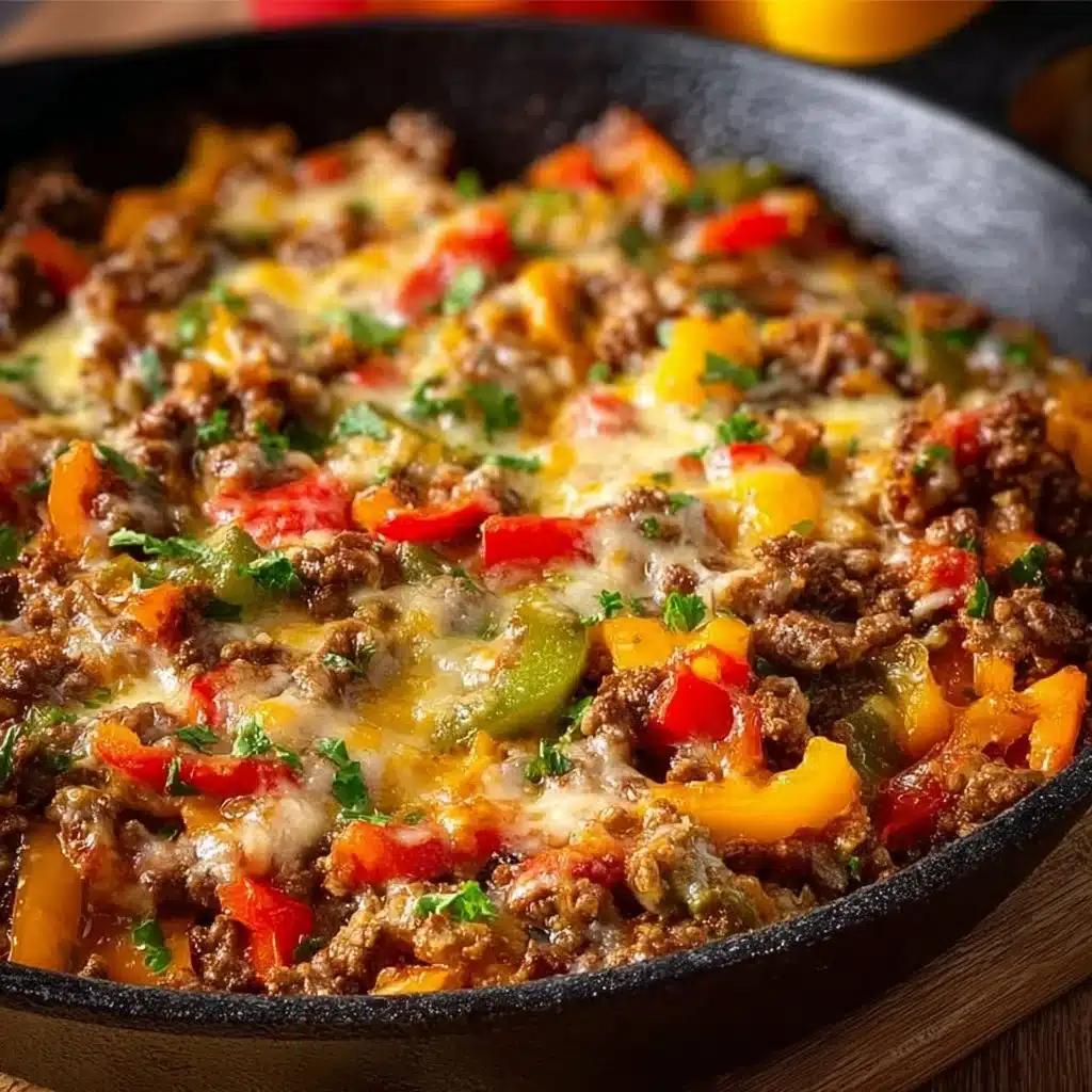 Hearty Skillet Beef and Peppers dish presented in a skillet.