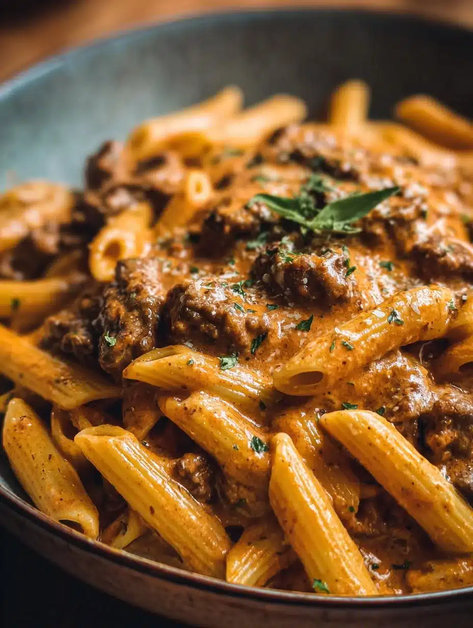 High protein creamy beef pasta dish served in a bowl.