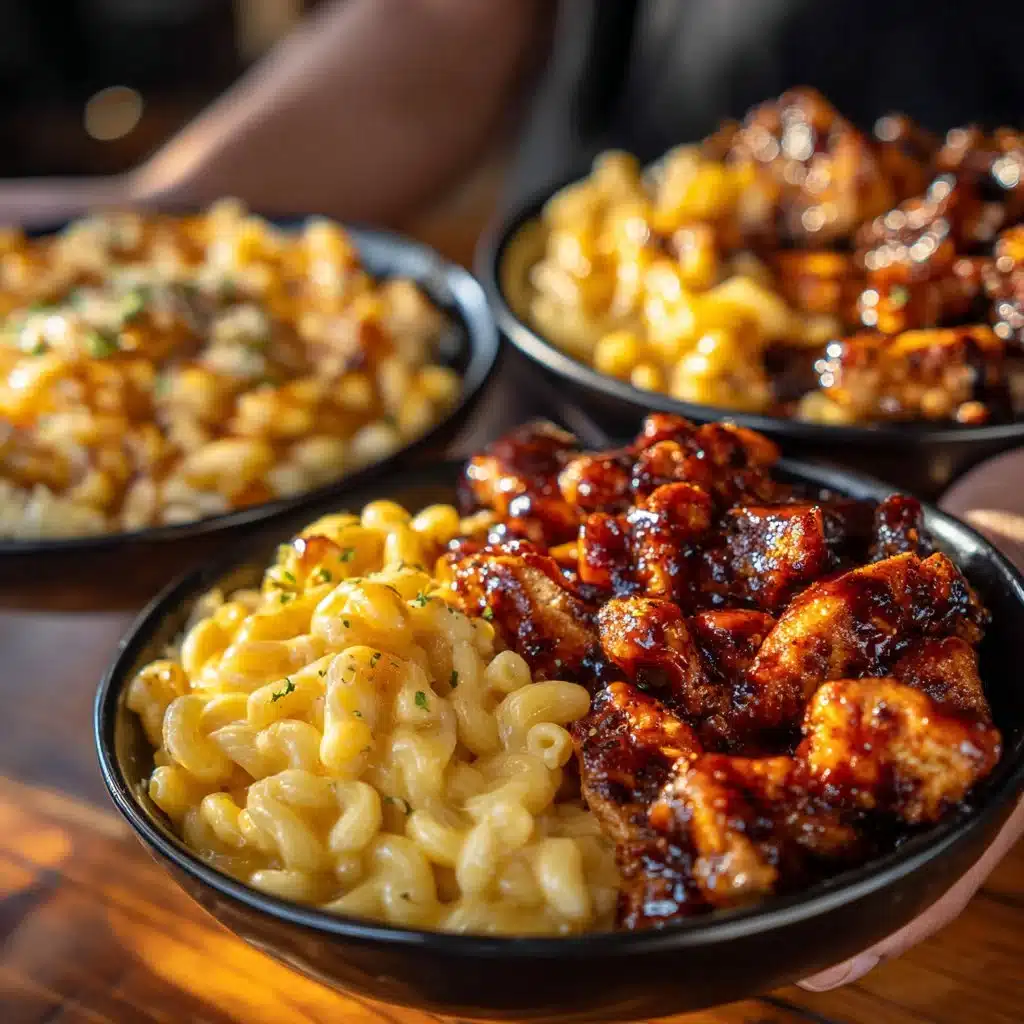 High Protein Honey BBQ Chicken Mac & Cheese dish with 59g protein for meal prep