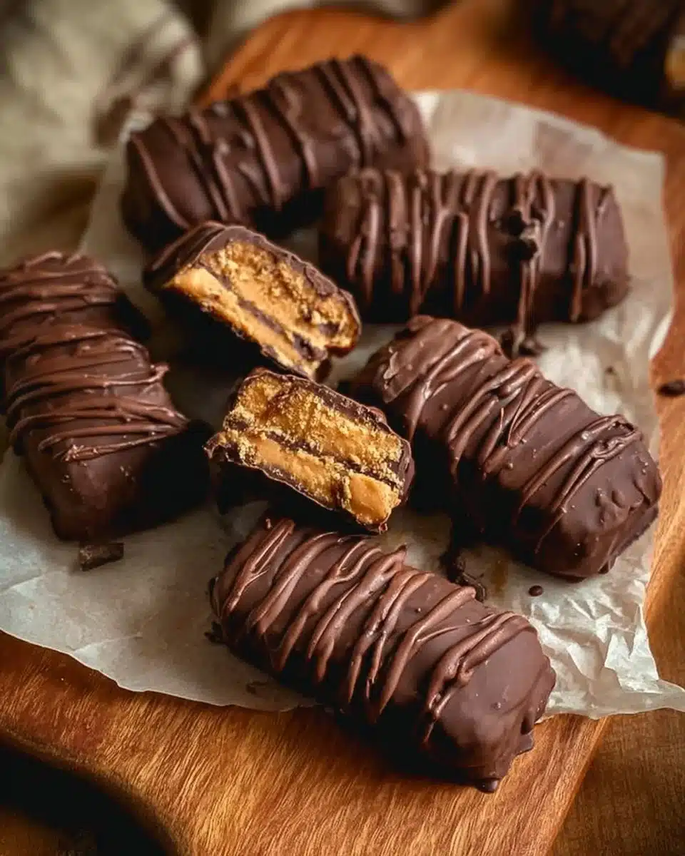Batch of homemade Butterfingers stacked on a wooden table