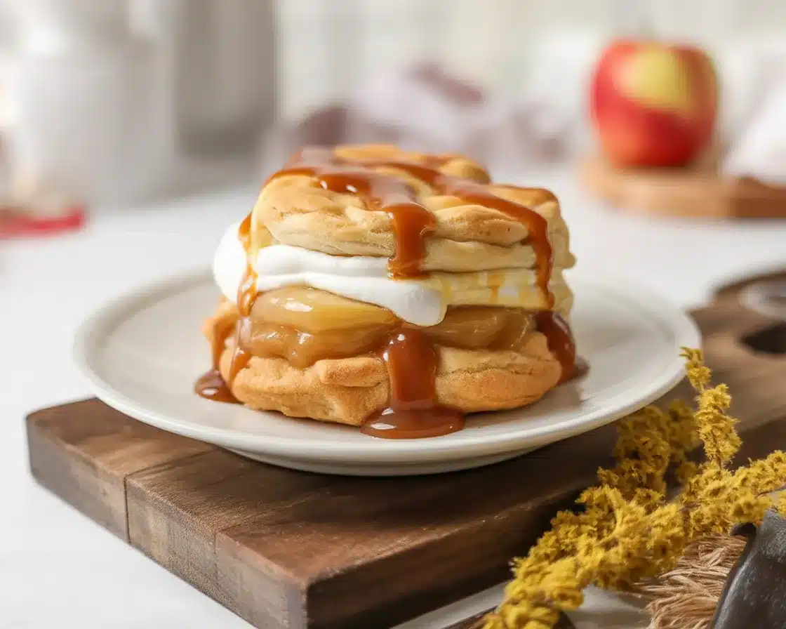 Strawberry Shortcake Caramel Apple dessert with biscuits and caramel sauce