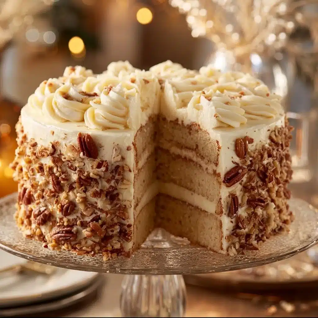 Slice of Italian Cream Cake with cream cheese frosting and coconut topping