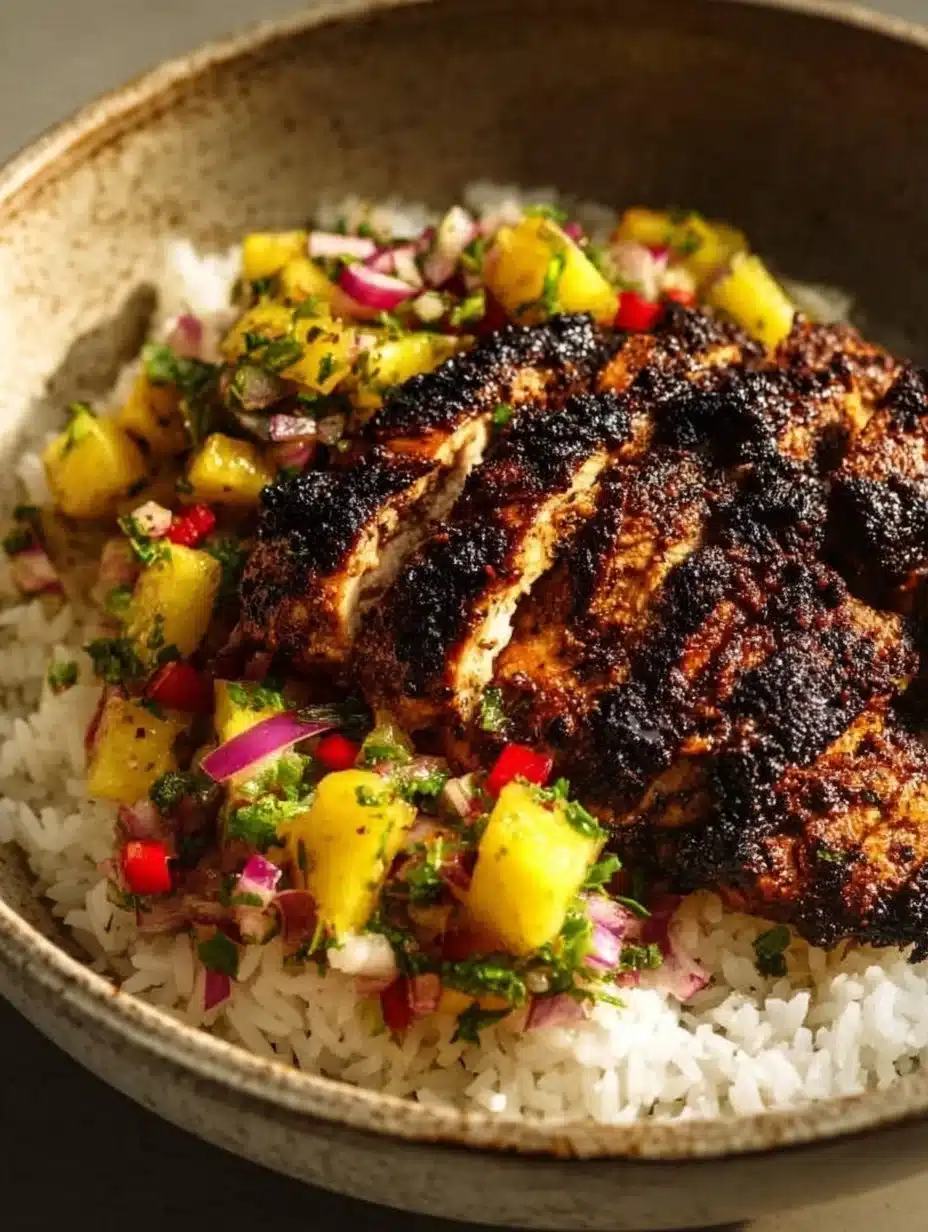 Jerk chicken bowl topped with pineapple salsa, served in a colorful dish