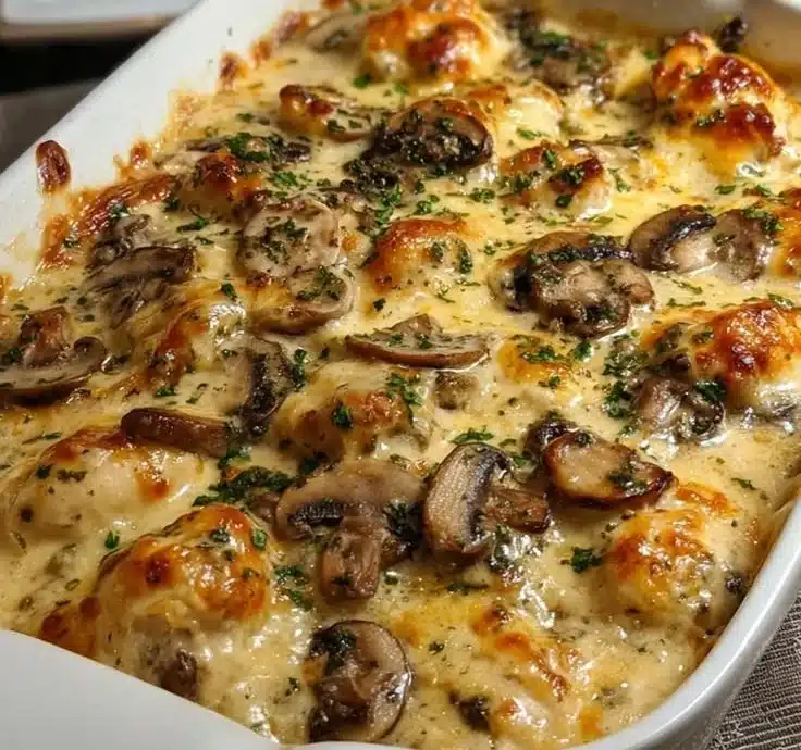 Keto Garlic Mushroom Chicken Casserole dish served warm and topped with herbs