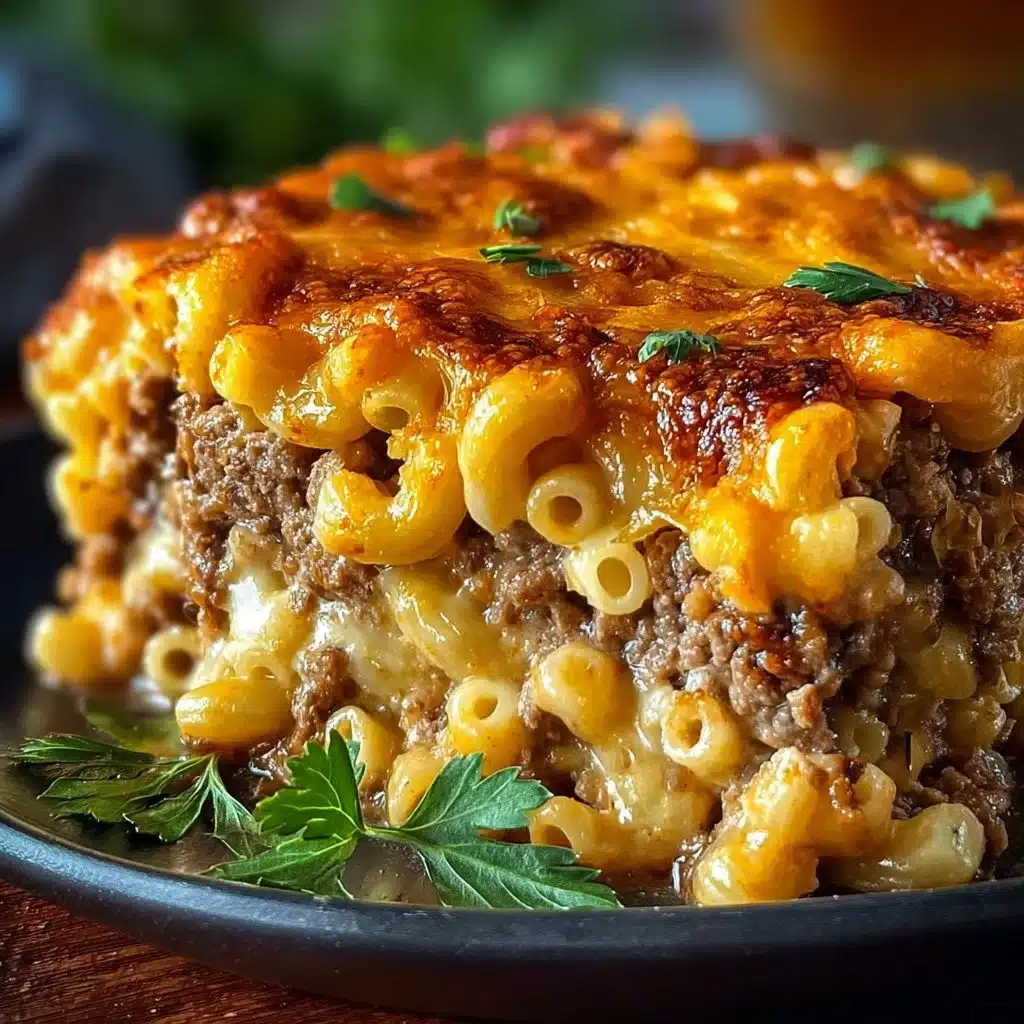Delicious Mac and Cheese Meatloaf Casserole served in a baking dish