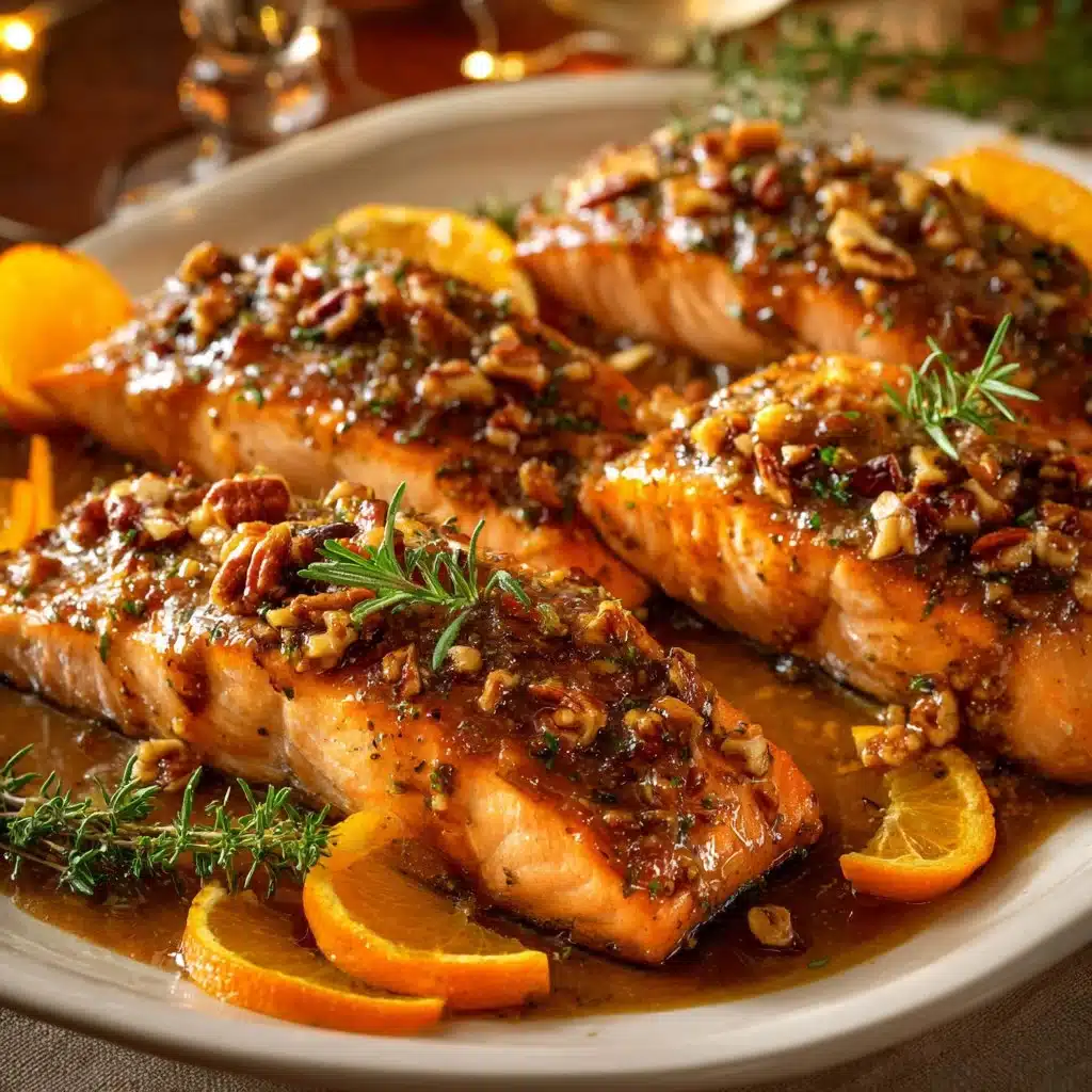 Maple Pecan Glazed Salmon on a plate with garnish
