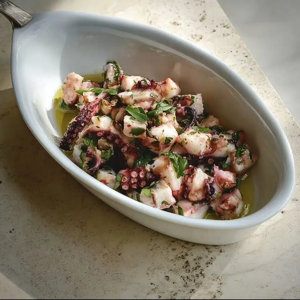 Delicious marinated octopus salad served on a plate with garnishes.