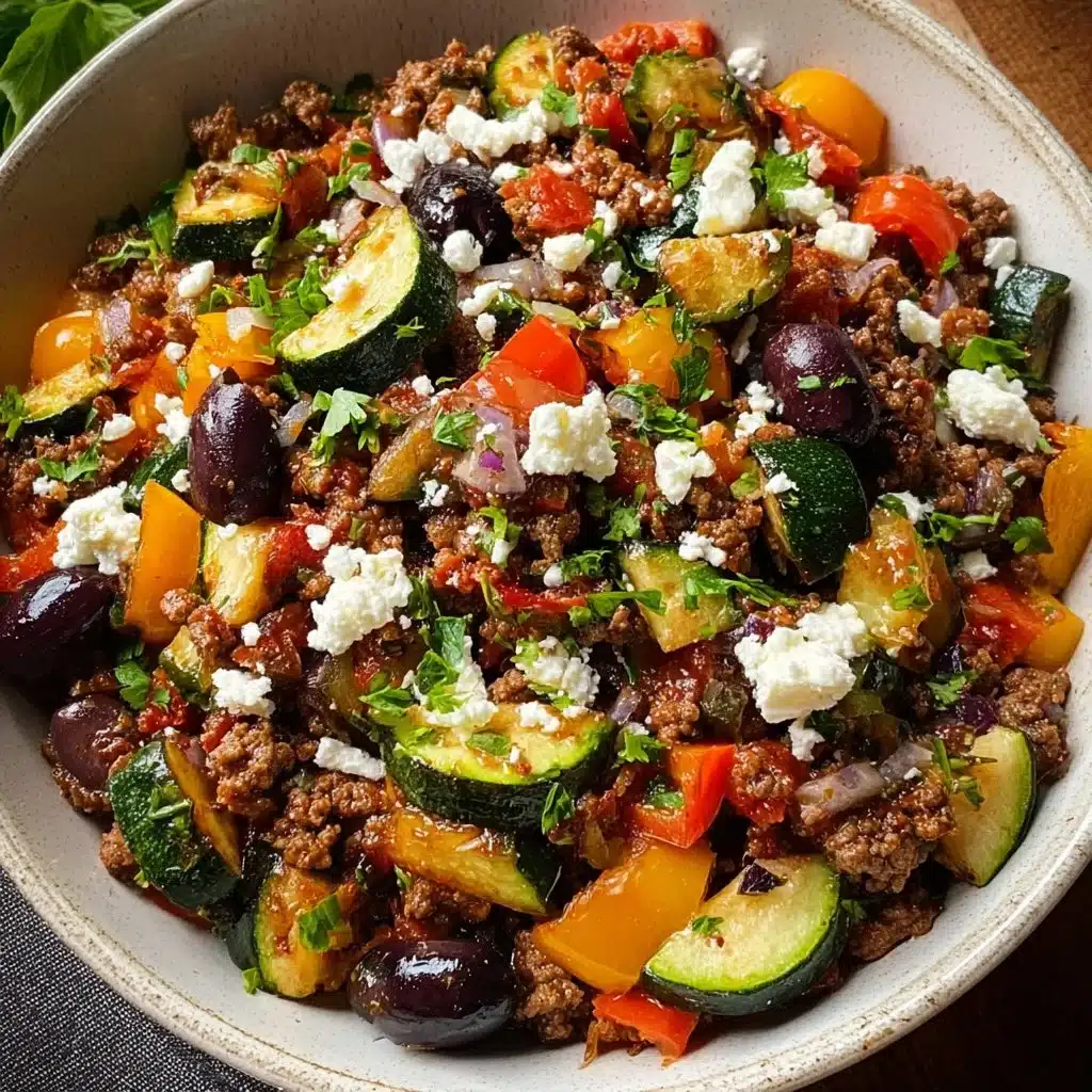 Mediterranean ground beef stir-fry with colorful vegetables