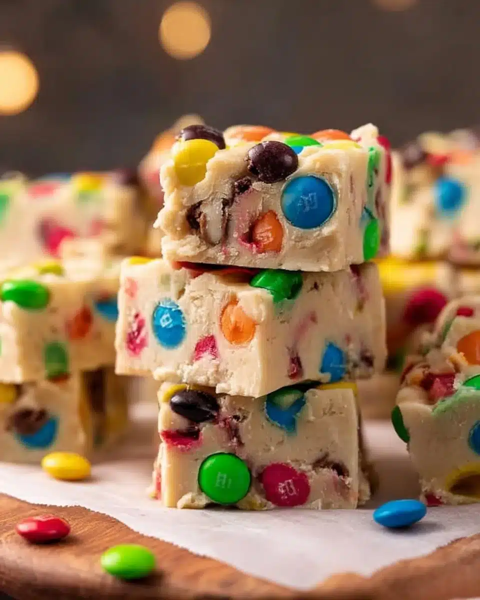 M&M cookie dough fudge dessert with colorful candies