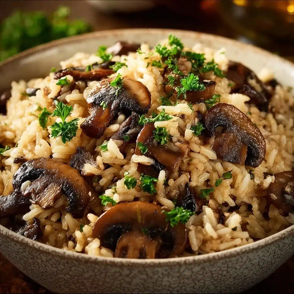 Delicious Mushroom Rice served in a bowl with fresh herbs