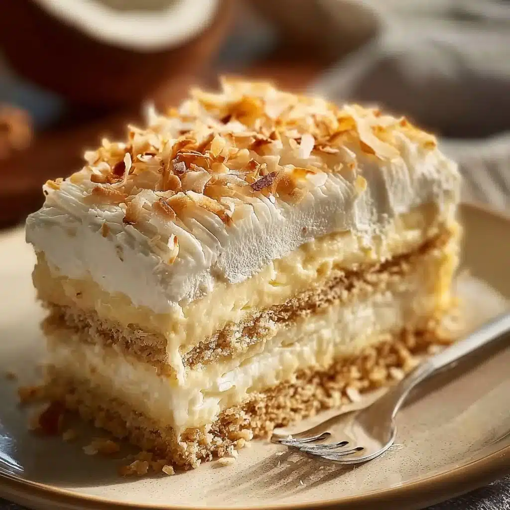 Delicious no-bake coconut cake topped with toasted coconut and whipped cream