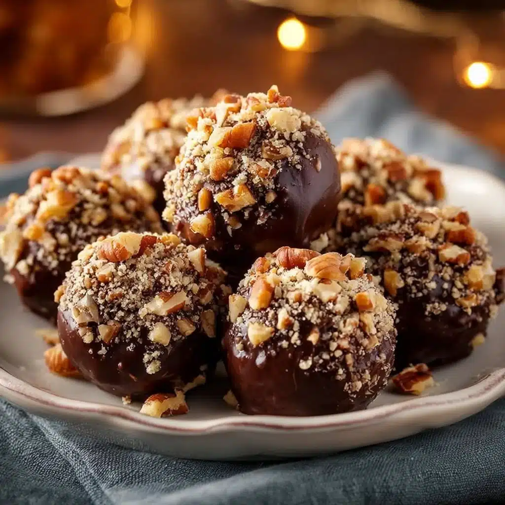 No-bake pecan pie balls topped with chopped pecans and drizzled with caramel