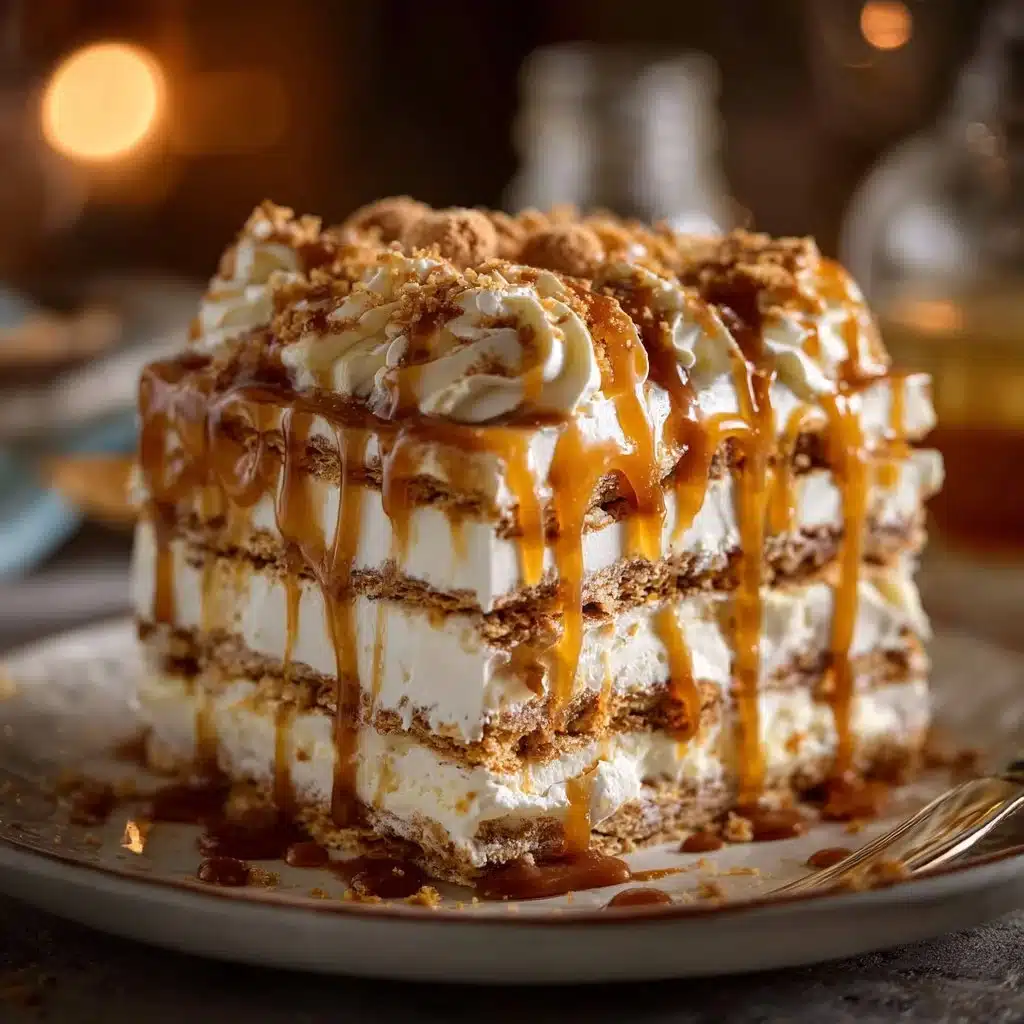 No-Bake Ritz Cracker Salted Caramel Icebox Cake with layered crackers and caramel sauce
