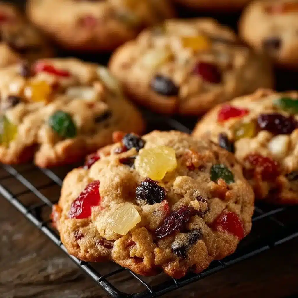 Homemade old fashioned fruitcake cookies decorated with nuts and dried fruits