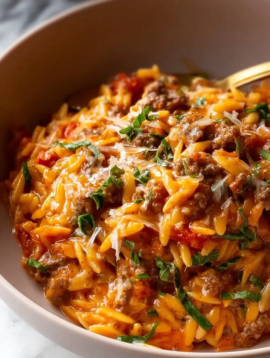 One pot ground beef orzo dish, a quick and easy recipe for weeknight dinners.