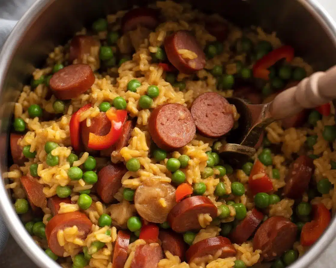 One pot smoked sausage and rice dish with vegetables and flavorful broth