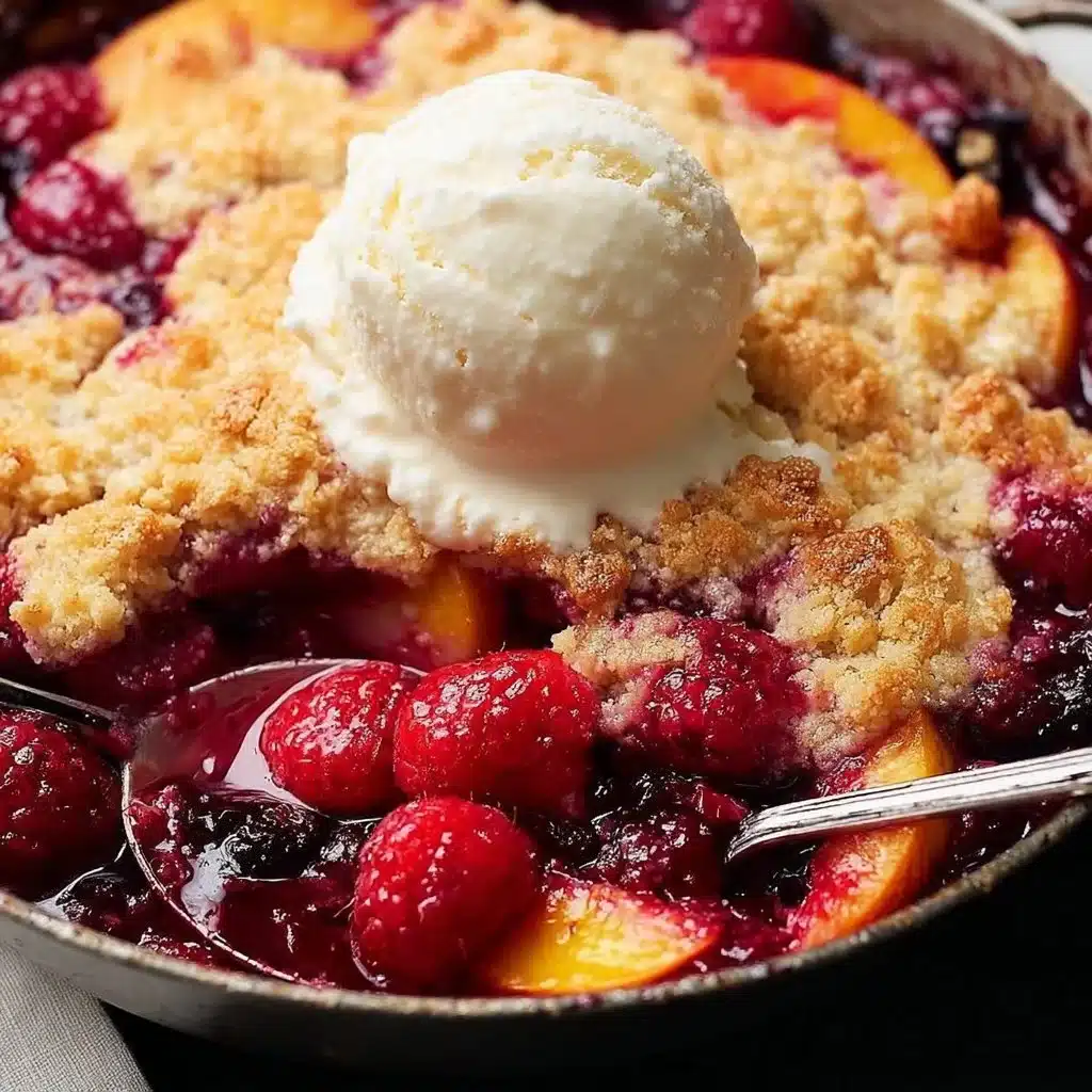 Delicious peach cobbler with raspberries baked to golden perfection