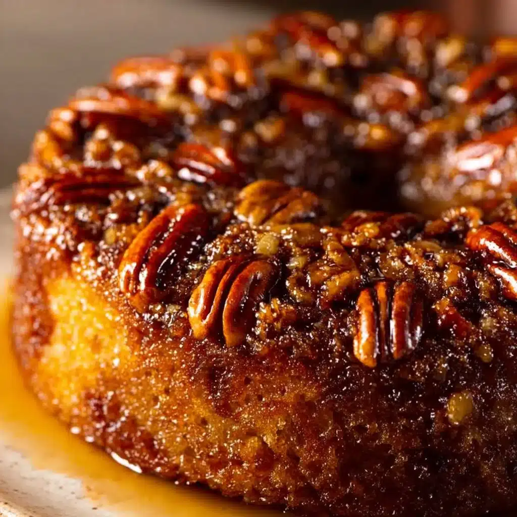 Delicious Pecan Upside Down Cake with caramelized nuts on top