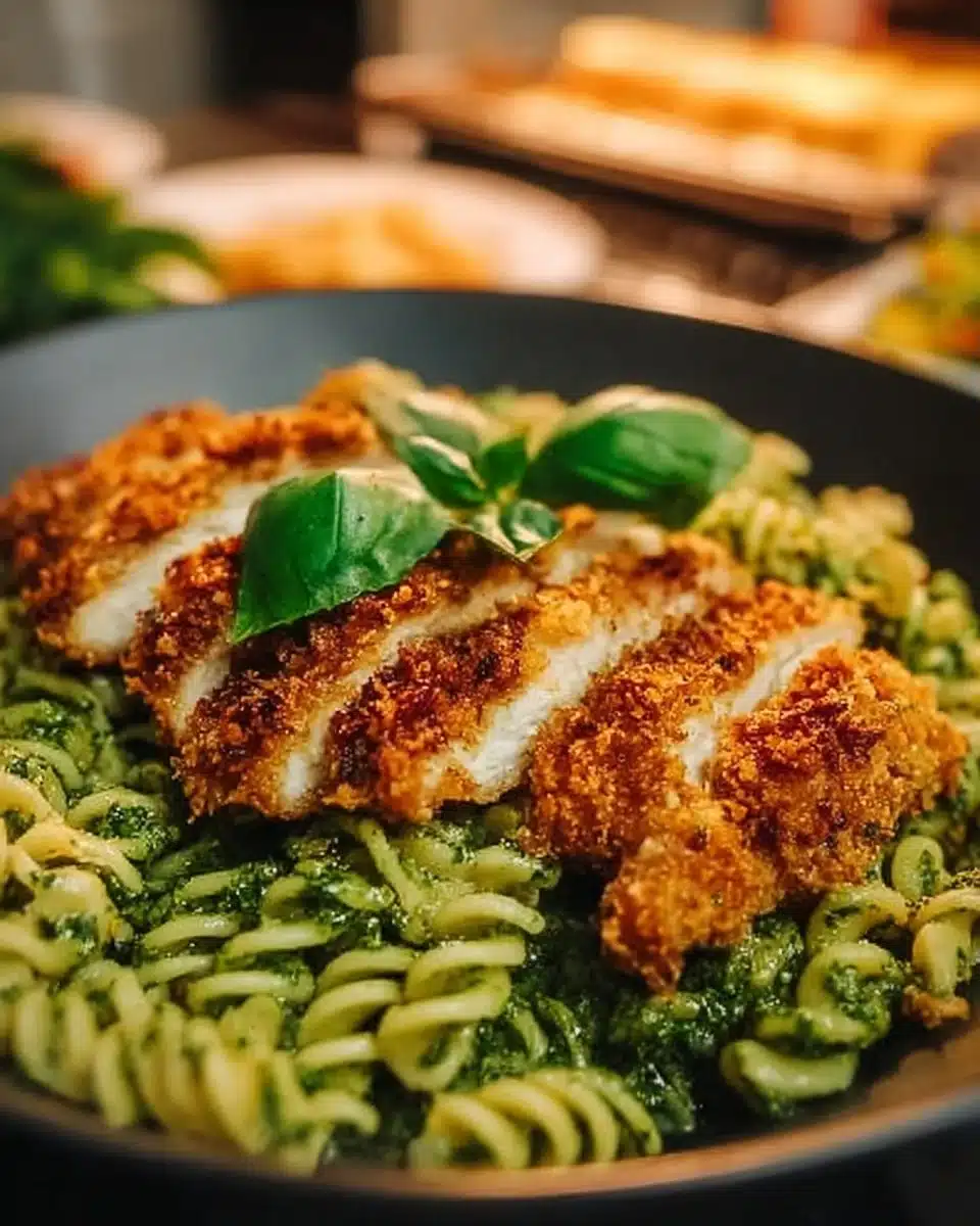 A delicious plate of pesto pasta topped with crispy parmesan chicken.