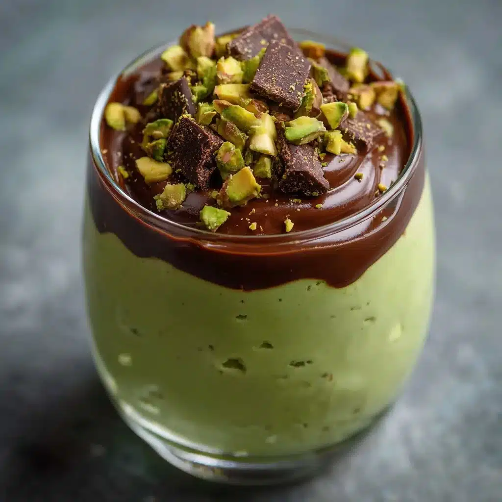 Pistachio mousse with chocolate ganache served in a glass dish