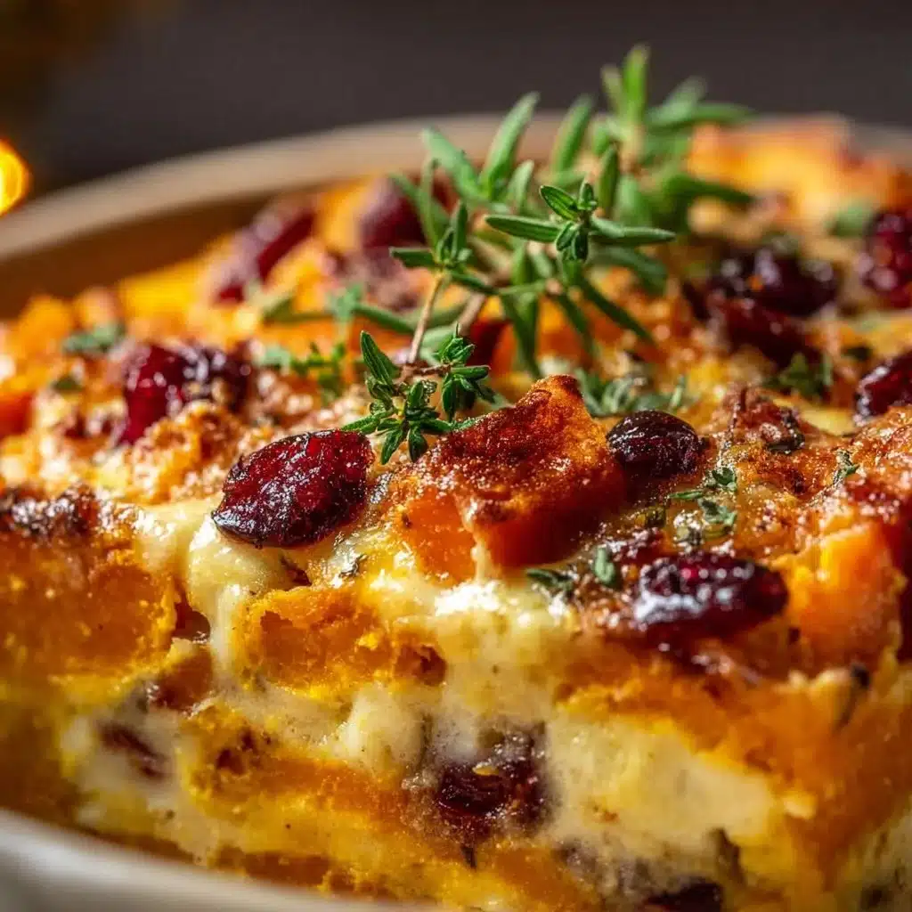 Pumpkin Cranberry Gratin dish served in a baking dish with garnishes