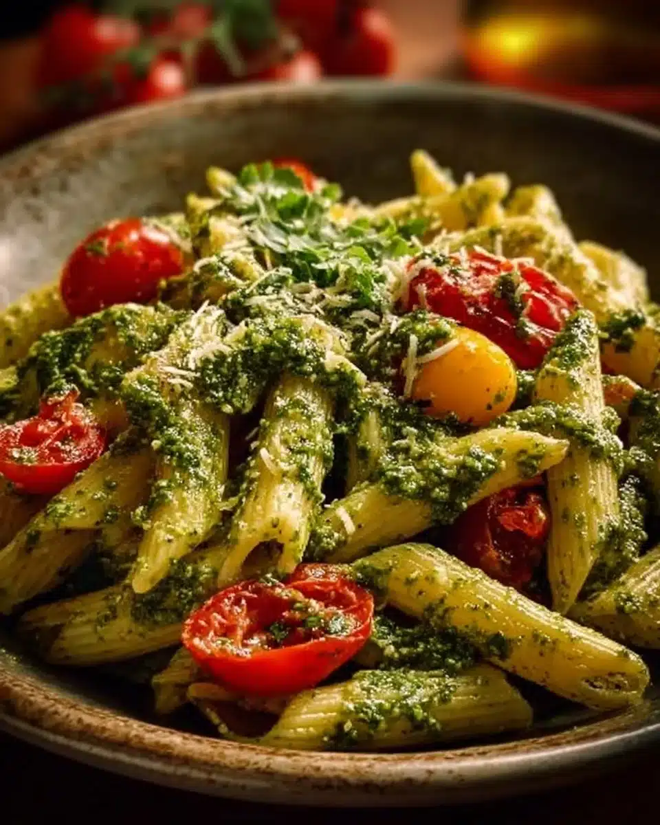 Quick Veggie Pesto Penne served in a bowl with fresh vegetables