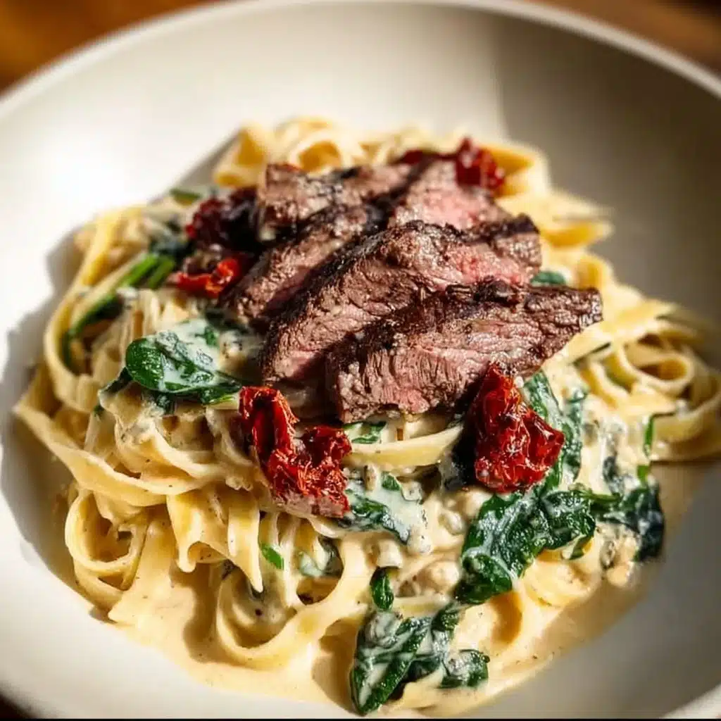 Delicious steak gorgonzola pasta served with creamy sauce and herbs