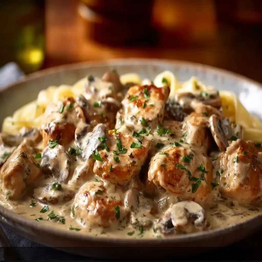 Deliciously creamy Chicken Stroganoff served over pasta with herbs and spices.