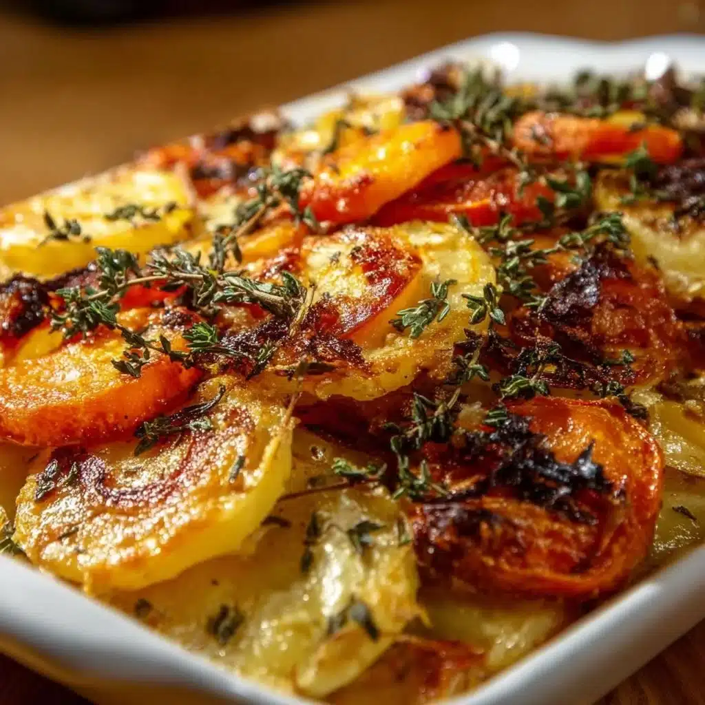 Delicious roasted root vegetable gratin dish topped with cheese and herbs
