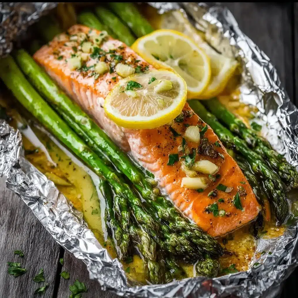 Salmon and asparagus foil packs with garlic lemon butter sauce on a cooking sheet