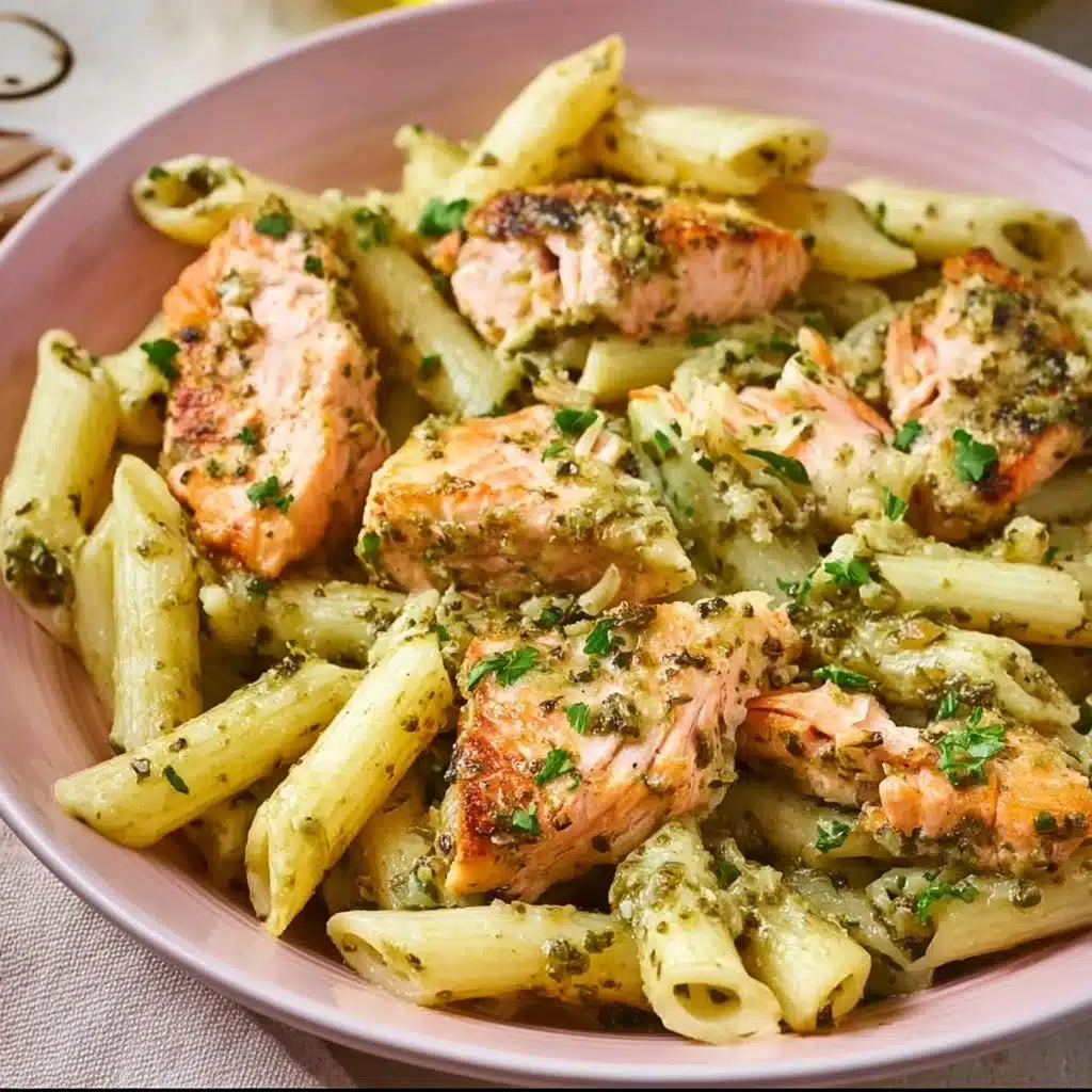 A plate of salmon pesto pasta garnished with basil and parmesan.