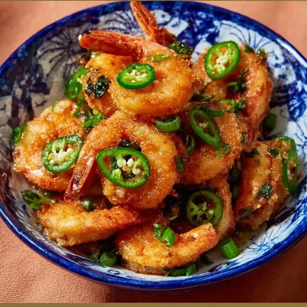 Plate of spicy Salt and Pepper Shrimp garnished with herbs