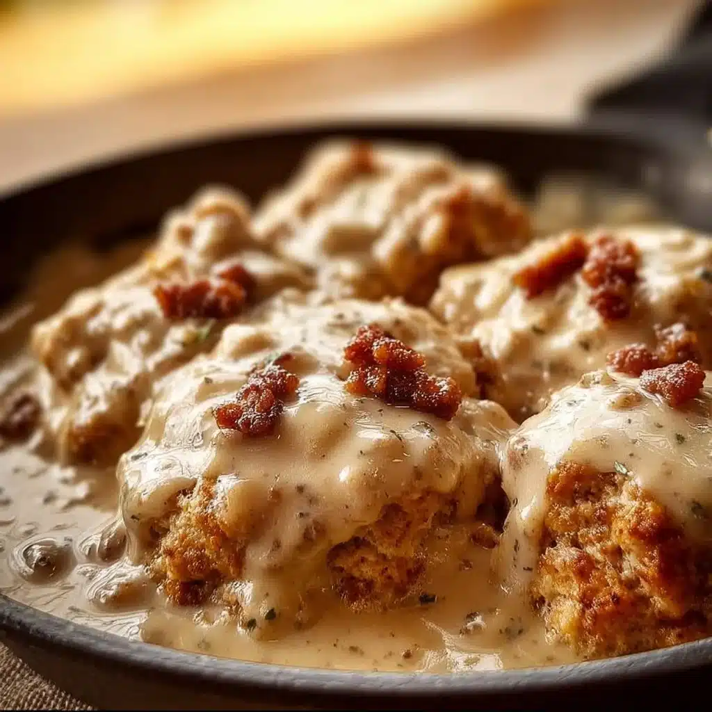 Savory sausage gravy served over biscuits for a delicious breakfast.