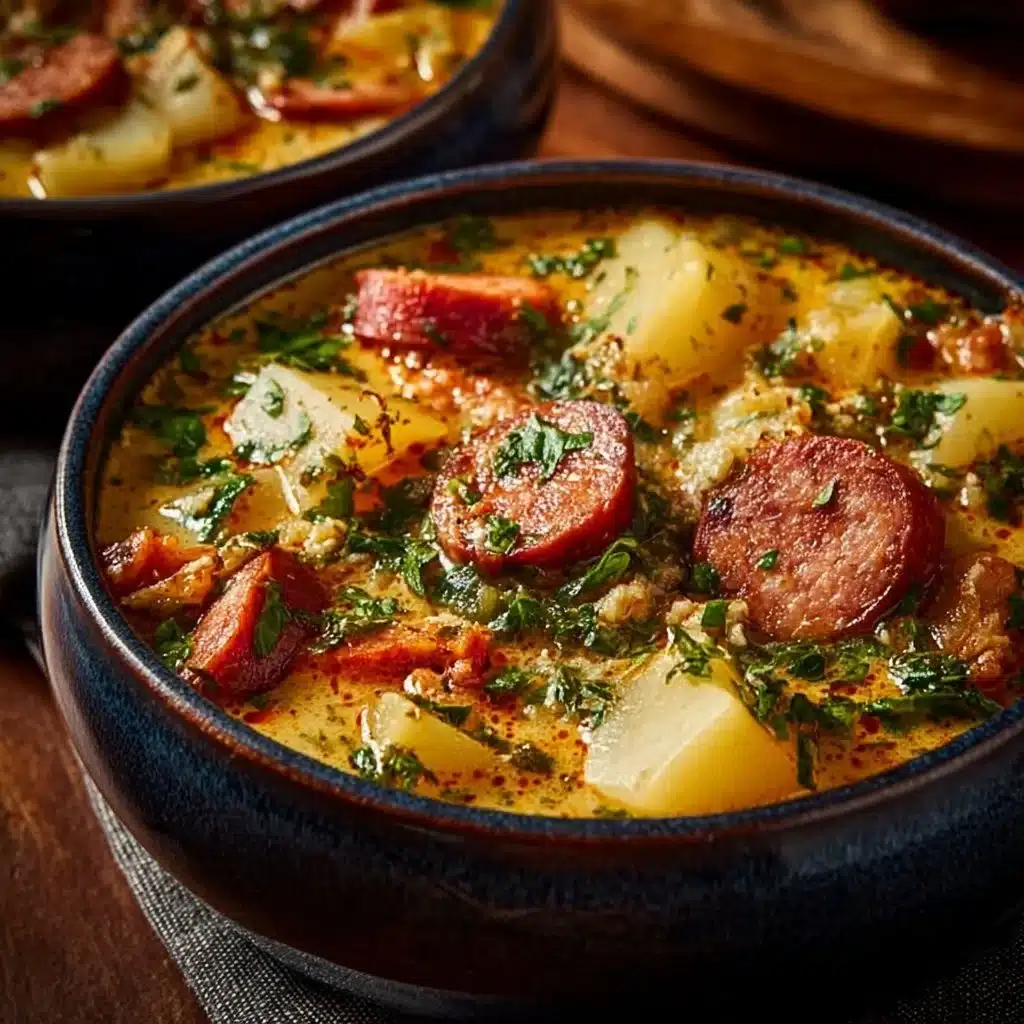 Bowl of Sausage Potato Soup with sausage pieces and diced potatoes.
